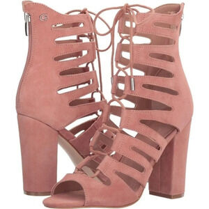 Guess pink peep toe  suede gladiator heels| size 9.5